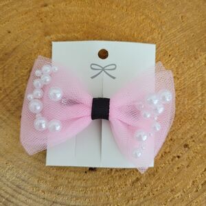 Handmade Pink Tulle Bow Hair Clip with White Pearls